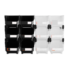 12-Pack Plastic Stackable Storage Bins 14.8 x 8.5 x 7.1 Inch (Black/Clear)