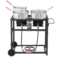 Outdoor Propane Deep Fryer 18 Qt x 2 Dual-Tank 40,000 BTU 3 Baskets 2 Thermometers Portable Stainless Steel Fryer Cart