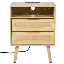 Rattan Bedside Table with Charging Station & Open Shelf