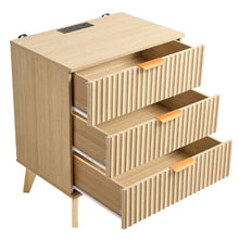 Fluted Nightstands Set of 2 Mid-Century Modern Bedside Tables with Charging Station 3 Drawers Khaki
