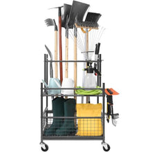 Garden Tool Organizer 16-Slot Metal Rack with Hooks & Wheels Yard Tool Stand for Garage & Shed