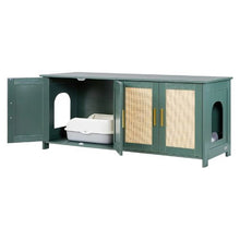 47.2-Inch Cat Litter Box Enclosure Hidden Cabinet with 4 Rattan Doors & 2 Entries Kitty House Furniture Fits Most Litter Boxes (Green)