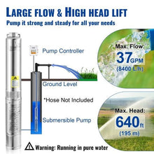 230V 3HP Deep Well Submersible Pump – 37GPM, 640ft Head, 33ft Cord, 4" Stainless Steel, IP68 with Control Box