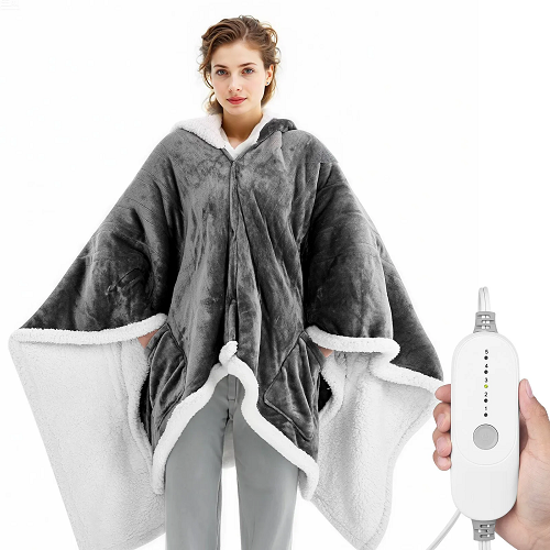 Manta térmica portátil con capucha: 5 niveles de calor, apagado automático en 3 horas, protección contra sobrecalentamiento, lavable a máquina, regalo perfecto para el invierno. 