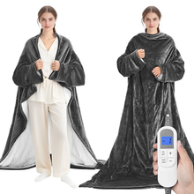 Manta térmica portátil de 127 x 178 cm con mangas y bolsillo para el pie, 10 niveles de calor, apagado automático a las 12 h, lavable a máquina, color gris 