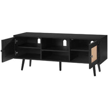 55 Inch Mid Century Modern Rattan TV Stand with Adjustable Shelves for Living Room Media Room (Black)