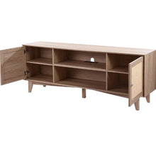 Boho Rattan TV Stand Mid Century TV Cabinet for 75 Inch TV with Built-in Socket USB Ports & Adjustable Shelves (Oak)