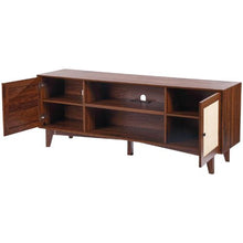75 Inch Rattan TV Cabinet for Boho Entertainment Center with Built-in Socket 2 Shelves & Storage Doors (Walnut)