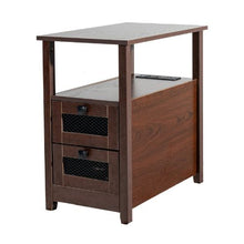 Modern Farmhouse Nightstand End Table 4-Tier Storage Cabinet with 2 Drawers Built-in Charging Station USB Ports & Outlets (Brown Finish)