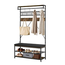 72" Hall Tree Coat Rack with Shoe Bench – 2-Tier Shoe Rack Hooks Hanging Rod & Wire Shelf Steel Frame Organizer for Bedroom Closet