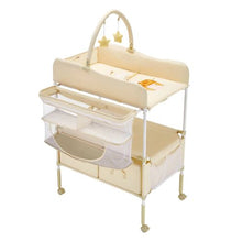 Baby Changing Table with Drawers Foldable Diaper Station Wheels Side Basket & Hanging Rod (Light Beige)