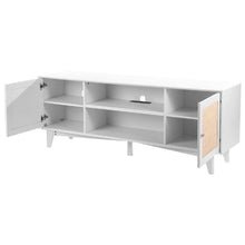 Rattan TV Stand for 75 Inch TV Boho Console with Rattan Doors & Built-in Socket (White)