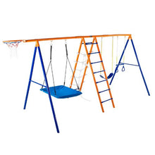 6-in-1 Backyard Swing Set 2 Swings Trapeze Bar Climbing Ladder Net Basketball Hoop 440lbs Capacity Heavy-Duty Metal for Kids 3+