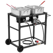 Outdoor Propane Deep Fryer 18 Qt x 2 Dual-Tank 40,000 BTU 3 Baskets 2 Thermometers Portable Stainless Steel Fryer Cart