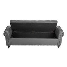 Button-Tufted Storage Ottoman Bench Gray PU Leather Rolled Arms Solid Wood Legs