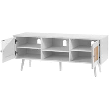 Rattan TV Stand for 55 Inch TV Boho Mid Century Modern TV Cabinet with Adjustable Shelves (White)