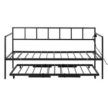 Twin Metal Daybed with Pop-Up Trundle Charging Station LED Lights Height Adjustable Lockable Casters (Black)