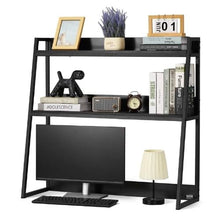 2-Tier Desktop Bookshelf 37.4" Storage Rack Metal Frame & Wooden Shelves Anti-Slip Feet (Black)