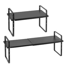 "Adjustable 2-Tier Kitchen Cabinet Shelf Organizer - Expandable Stackable Storage Riser for Pantry Bathroom & Office (Black)"