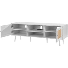 Rattan TV Cabinet for 65 Inch TV Boho Entertainment Center with Built-in Socket USB Ports & Storage (White)