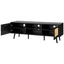 65 Inch Modern Rattan TV Console with with Rattan Doors USB Ports & Built-in Socket for Living Room Media Room (Black)