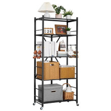 5-Tier Foldable Storage Shelf with Wheels & Hooks (Black)
