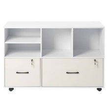 2-Drawer Wooden File Cabinet Rolling Storage with Open Shelves & Lockable Printer Stand