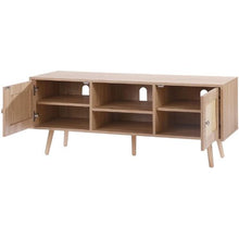Boho Mid Century Rattan TV Cabinet for 55 Inch TV with Adjustable Shelves (Oak Finish)