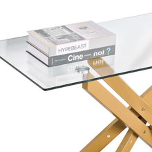 45 Inch Glass Coffee Table – Modern Gold Rectangle Table with Cross Iron Legs