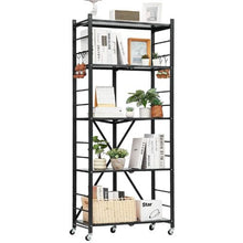 5-Tier Foldable Metal Storage Shelf with Wheels & Hooks No Assembly Shelving Unit for Pantry Kitchen Garage (Black)