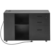 3-Drawer Wooden File Cabinet Rolling Storage with Power Strip Lock & Adjustable Shelves