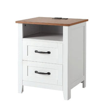 White Farmhouse Nightstands Set of 2 End Tables with Charging Station USB Ports 2 Drawers & Open Shelf