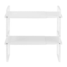 "Adjustable 2-Tier Kitchen Cabinet Shelf Organizer - Expandable Stackable Storage Riser for Pantry Bathroom & Office (White)