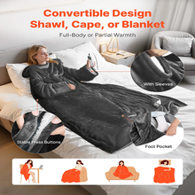 Manta térmica portátil de 127 x 178 cm con mangas y bolsillo para el pie, 10 niveles de calor, apagado automático a las 12 h, lavable a máquina, color gris 