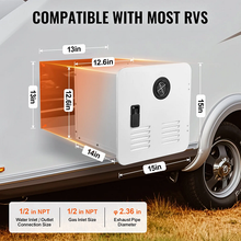 Calentador de ducha compacto sin tanque para RV, puerta blanca, 15" x 15" (42,000 BTU) con control remoto, color blanco TMRVQ-05010242