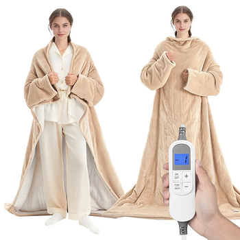 Manta térmica portátil de 127 x 178 cm con mangas y bolsillo para el pie, 10 niveles de calor, apagado automático a las 12 h, lavable a máquina, color beige 