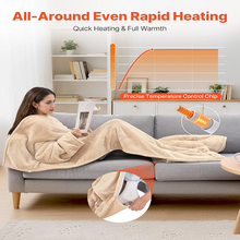 Manta térmica portátil de 127 x 178 cm con mangas y bolsillo para el pie, 10 niveles de calor, apagado automático a las 12 h, lavable a máquina, color beige 