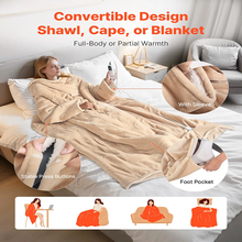 Manta térmica portátil de 127 x 178 cm con mangas y bolsillo para el pie, 10 niveles de calor, apagado automático a las 12 h, lavable a máquina, color beige 