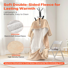 Manta térmica portátil de 127 x 178 cm con mangas y bolsillo para el pie, 10 niveles de calor, apagado automático a las 12 h, lavable a máquina, color beige 