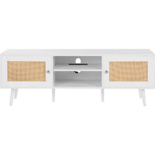 Rattan TV Cabinet for 65 Inch TV Boho Entertainment Center with Built-in Socket USB Ports & Storage (White)
