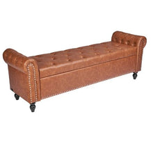 Button-Tufted Storage Ottoman Bench Brown PU Leather Rolled Arms Solid Wood Legs
