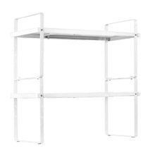 "Adjustable 2-Tier Kitchen Cabinet Shelf Organizer - Expandable Stackable Storage Riser for Pantry Bathroom & Office (White)