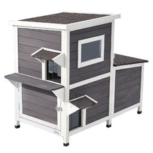 2-Story Outdoor Cat House for 3 Cats Elevated Feral Shelter with Stairs Clear Window & Flap Doors Waterproof 42" x 25" x 34"