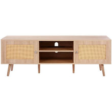 65 Inch Rattan TV Console with USB Ports Power Outlet & Adjustable Shelves (Oak)