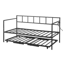 Twin Metal Daybed with Pop-Up Trundle Charging Station LED Lights Height Adjustable Lockable Casters (Black)