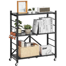 3-Tier Foldable Storage Shelf 30 x 13 x 36 Inch Metal Shelving Unit with Wheels & Hooks No Assembly (Black)