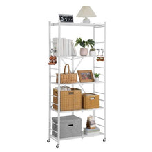 5-Tier Foldable Storage Shelf 32 x 14 x 72 Inch Metal Shelving Unit with Wheels & Hooks No Assembly (White)