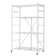 4-Tier Foldable Metal Storage Shelf with Wheels & Hooks No Assembly Shelving Unit for Pantry Kitchen Garage (White)