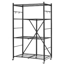 4-Tier Foldable Storage Shelf with Wheels & Hooks (Black)