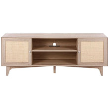 Boho Rattan TV Stand Mid Century TV Cabinet for 75 Inch TV with Built-in Socket USB Ports & Adjustable Shelves (Oak)